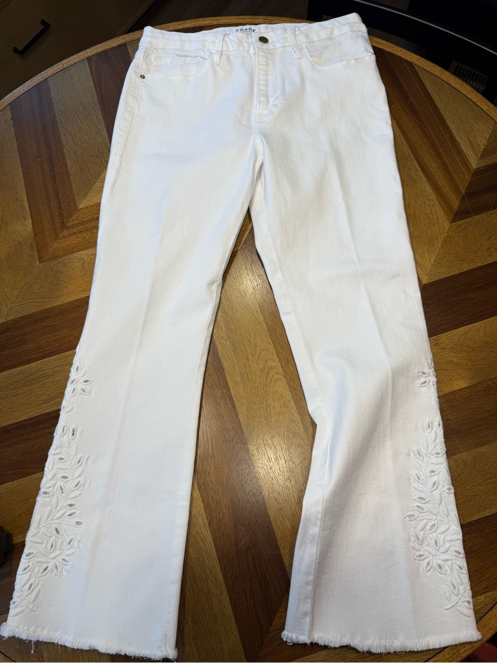 Frame Denim Le Crop Mini Boot White Jeans with Embroidered Hem